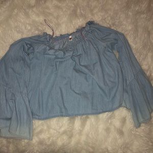 denim off the shoulder blouse